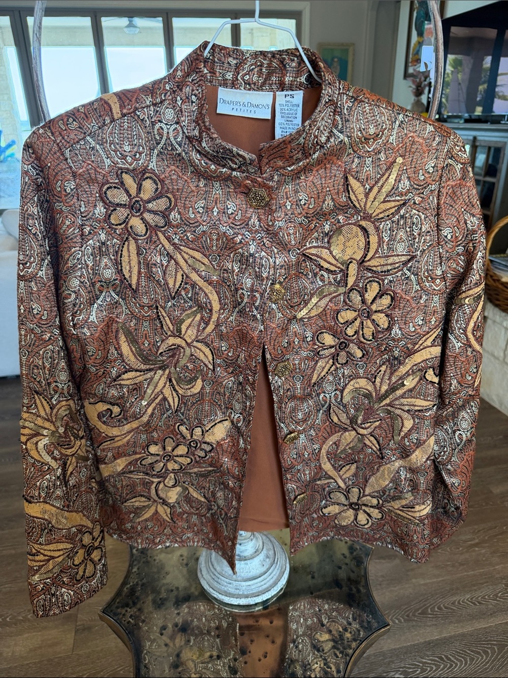 Draper's & Damon's Metallic Paisley Floral Cropped Blazer in Copper